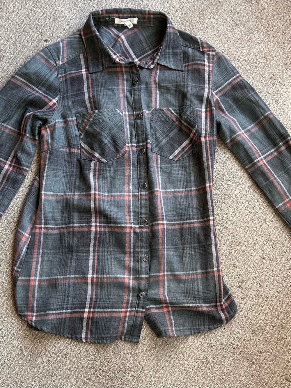 Maurices Gray and Pink Plaid Button-Down Shirt